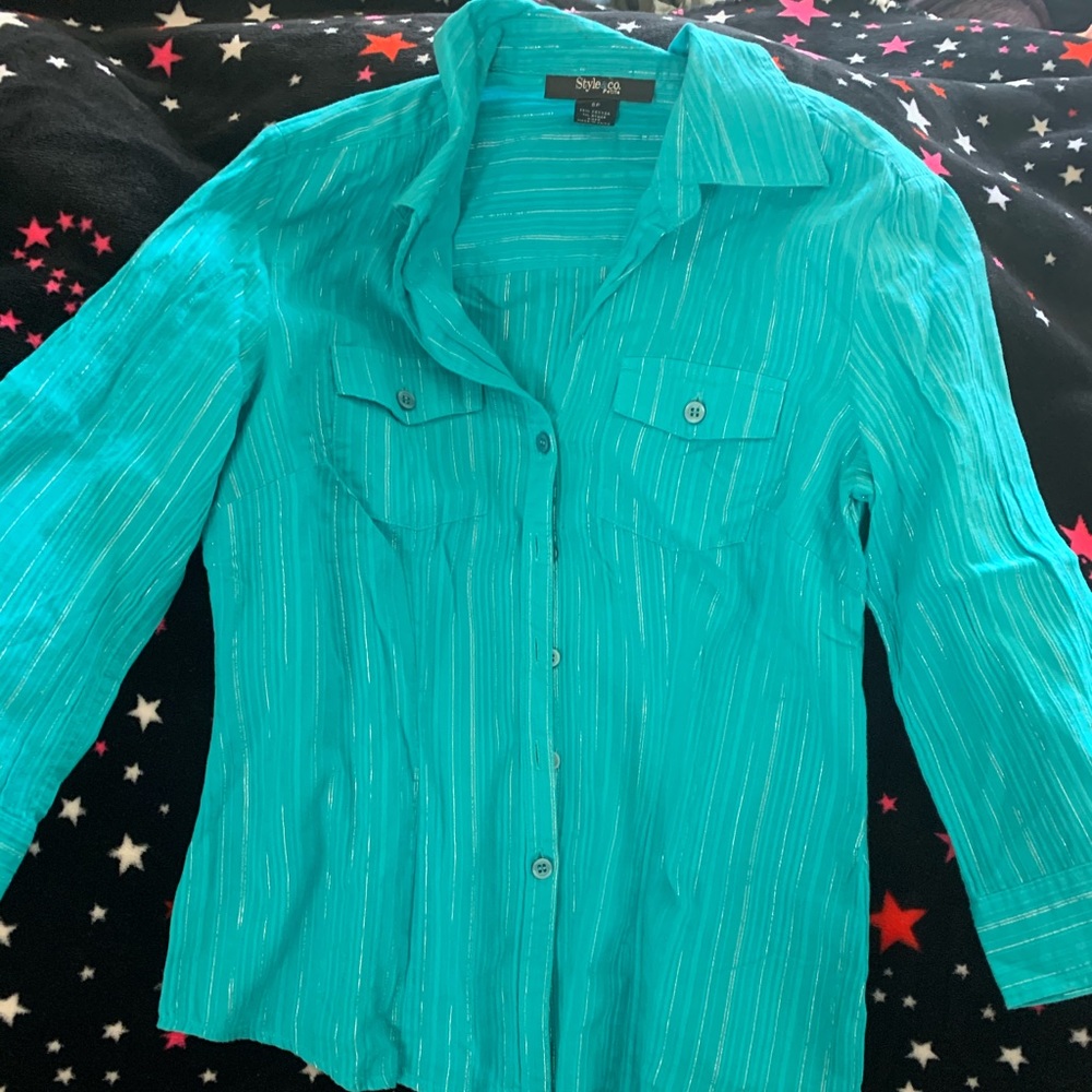 Turquoise button up vertical striped shirt